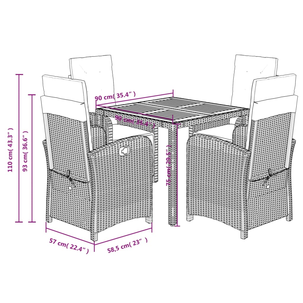 vidaXL 5-delige Tuinset met kussens poly rattan grijs