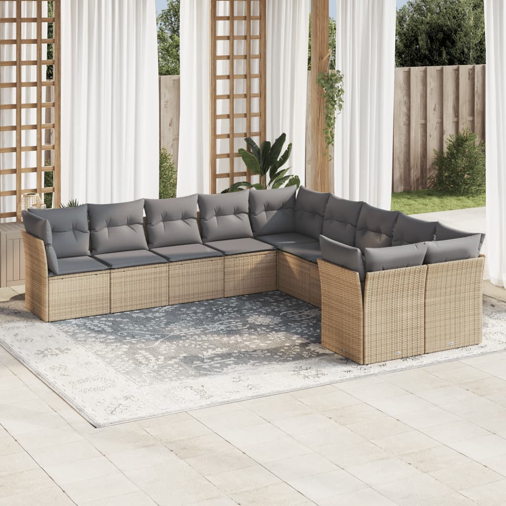 vidaXL 10-delige Loungeset met kussens poly rattan beige