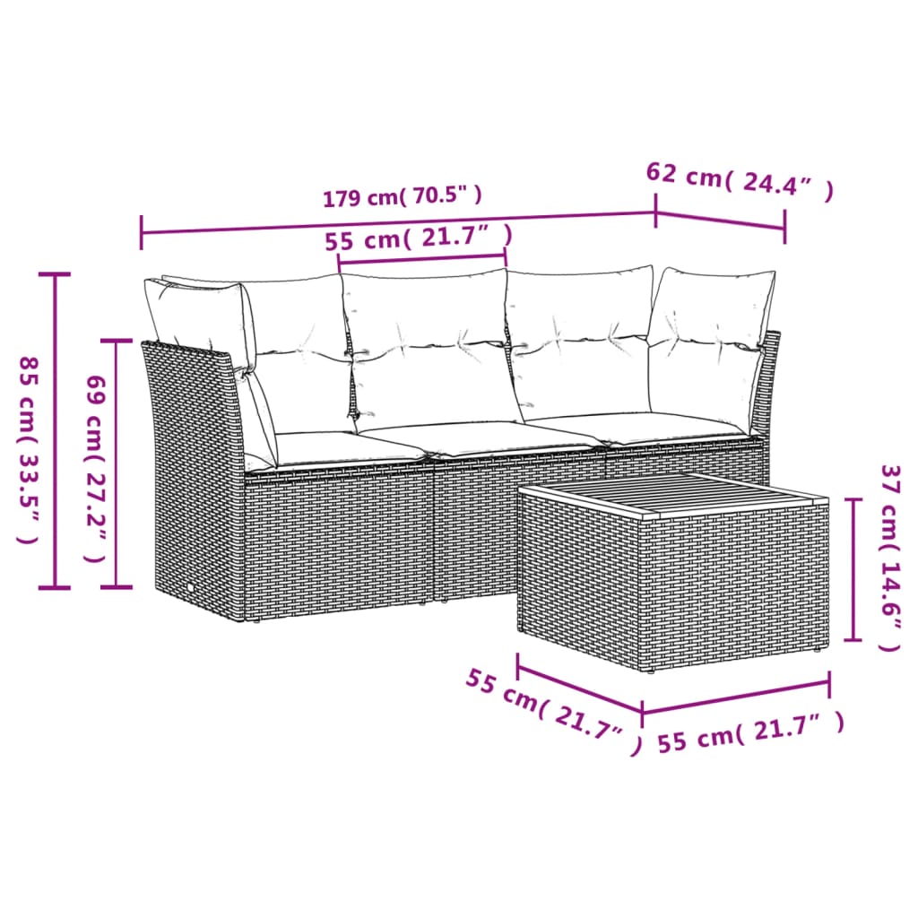 vidaXL 4-delige Loungeset met kussens poly rattan zwart