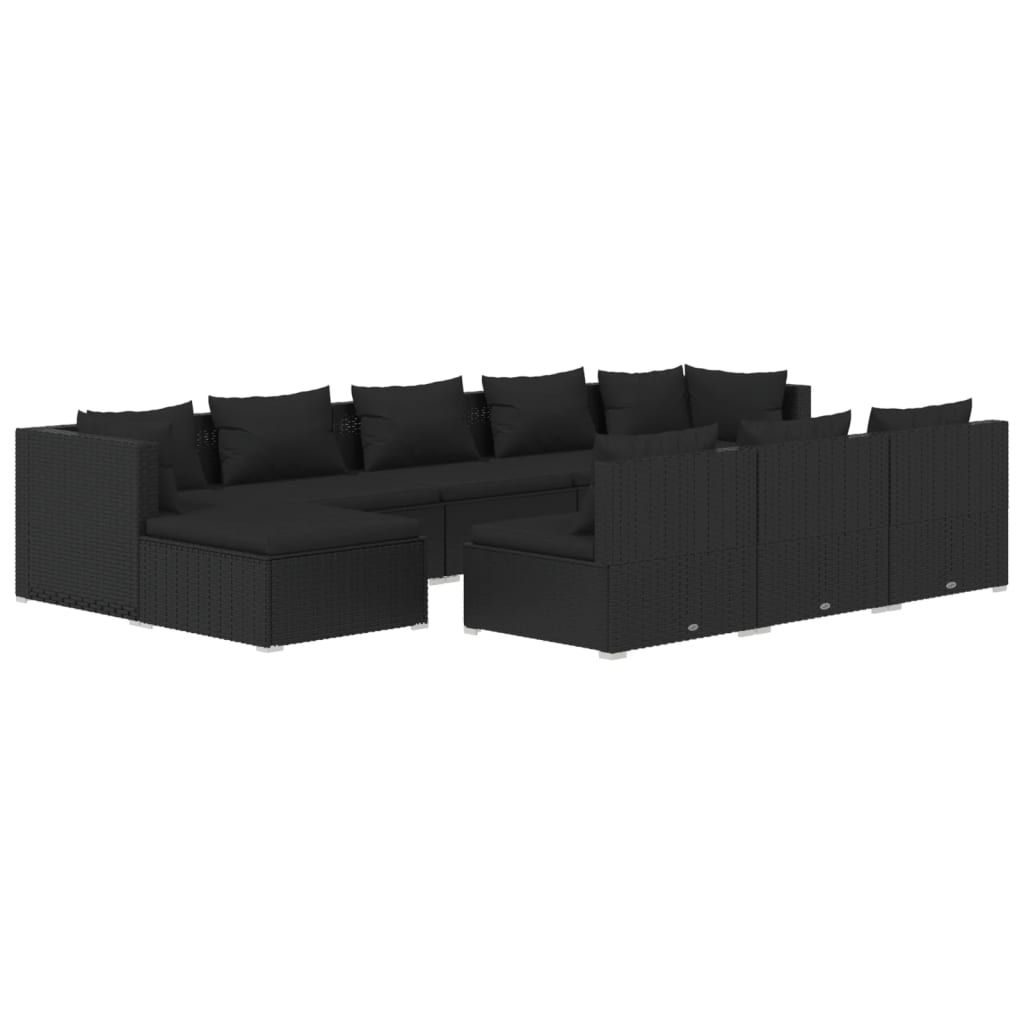 vidaXL 10-delige Loungeset met kussens poly rattan zwart