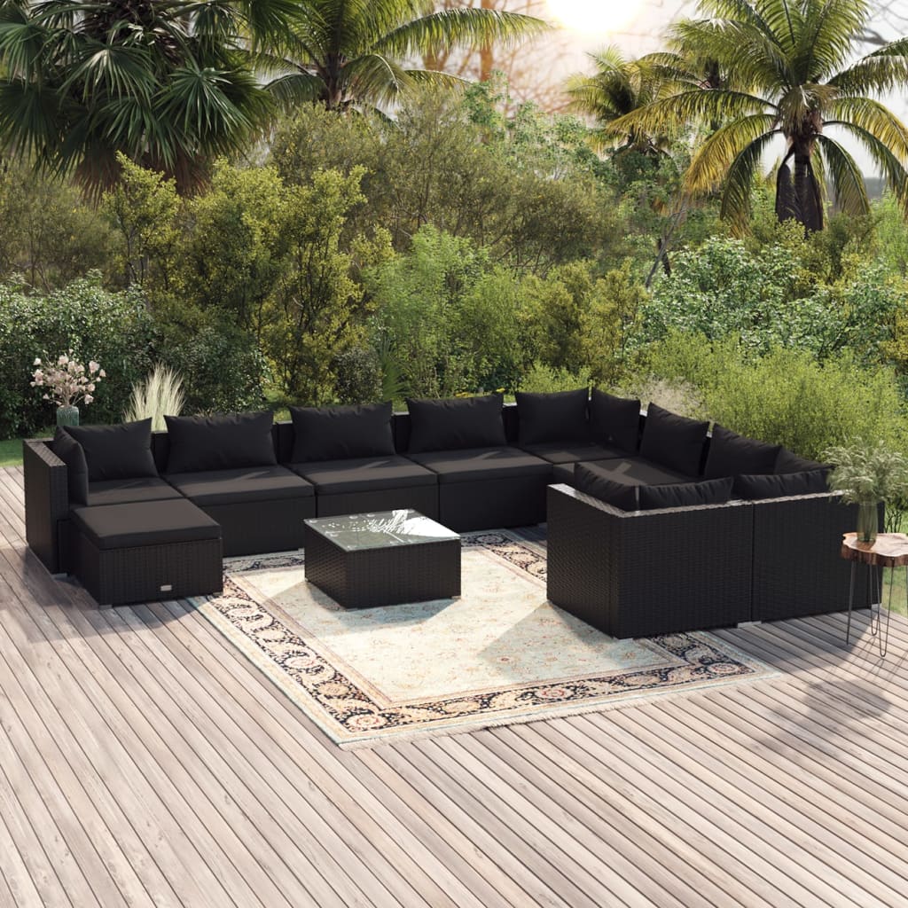 vidaXL 11-delige Loungeset met kussens poly rattan zwart