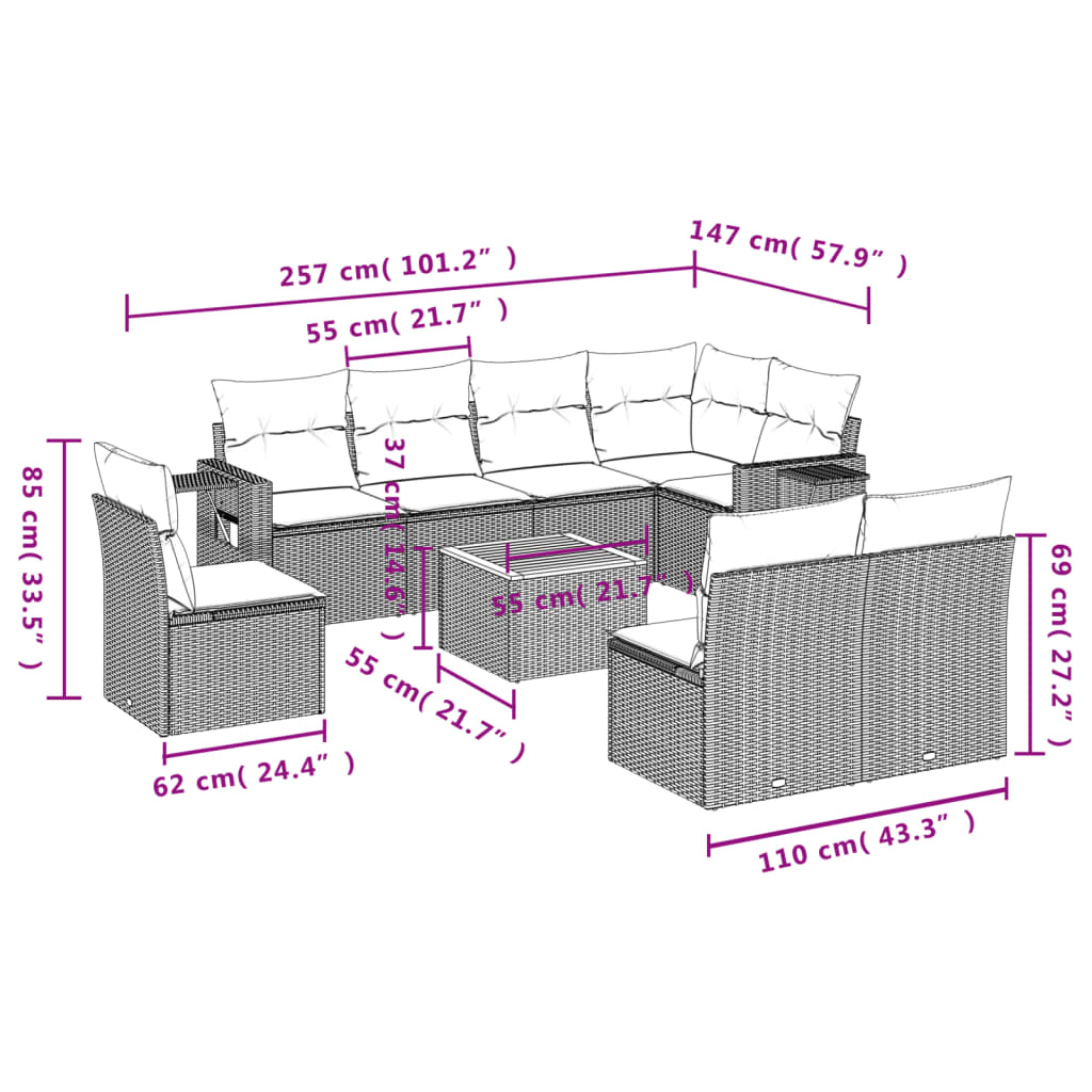 vidaXL 9-delige Loungeset met kussens poly rattan grijs