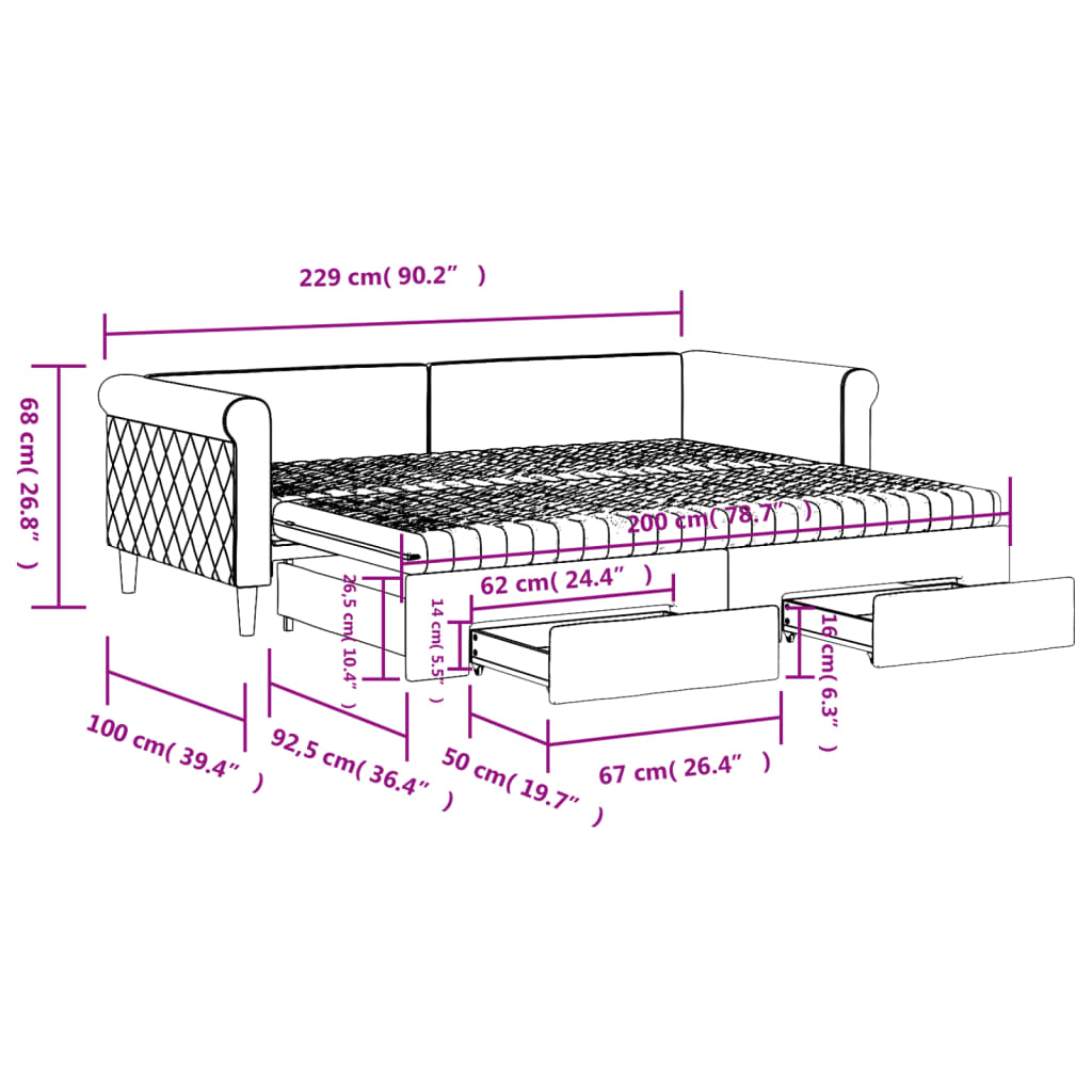 vidaXL Slaapbank onderschuifbed en lades 90x200 cm fluweel donkergrijs