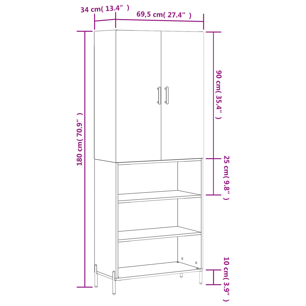 vidaXL Hoge kast 69,5x34x180 cm bewerkt hout grijs sonoma eikenkleurig