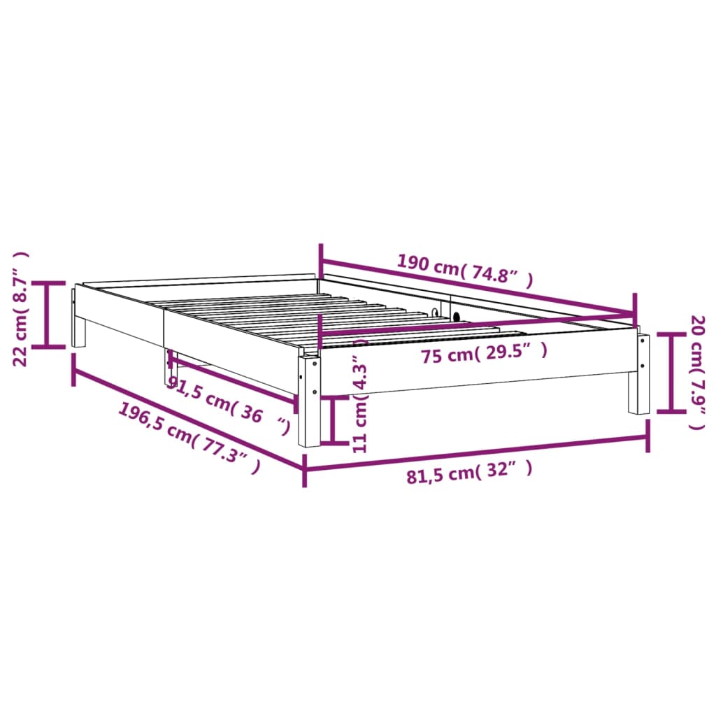 vidaXL Bed stapelbaar 75x190 cm massief grenenhout