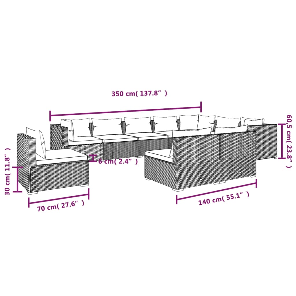 vidaXL 10-delige Loungeset met kussens poly rattan grijs