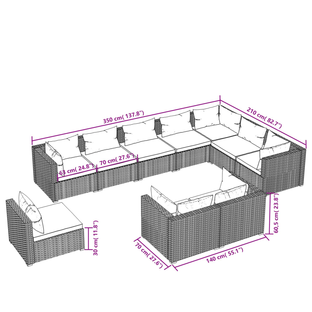 vidaXL 10-delige Loungeset met kussens poly rattan bruin