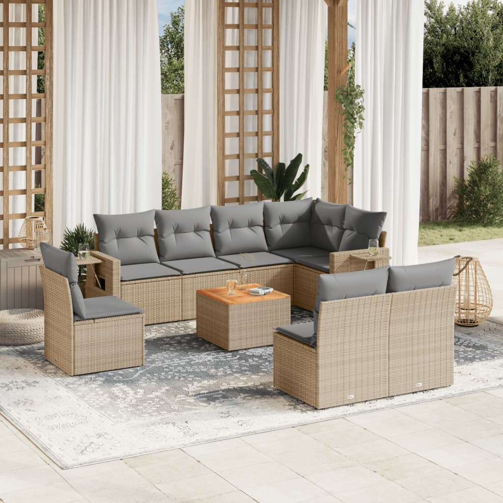 vidaXL 9-delige Loungeset met kussens poly rattan gemengd beige