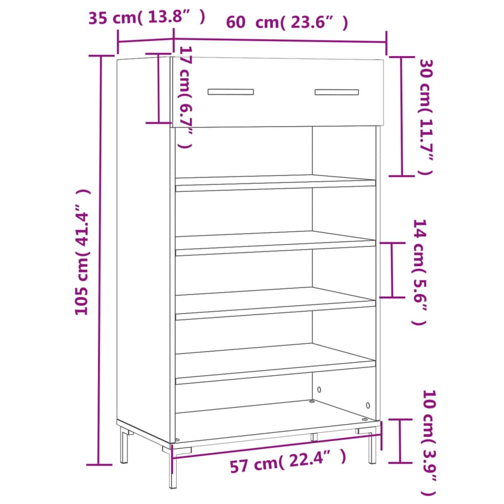 vidaXL Schoenenkast 60x35x105 cm bewerkt hout hoogglans wit