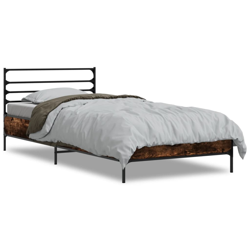 vidaXL Bedframe bewerkt hout en metaal gerookt eikenkleurig 100x200 cm