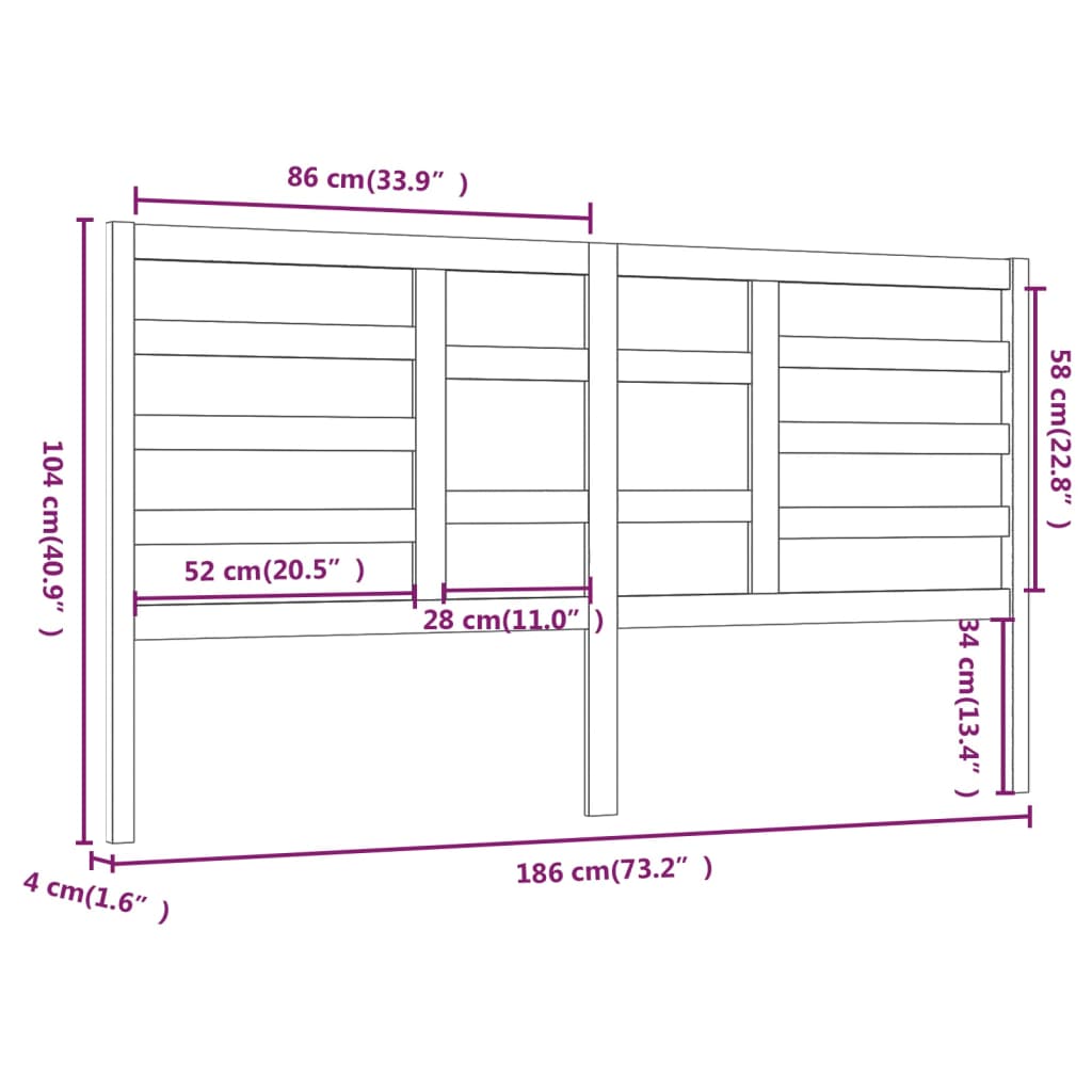 vidaXL Hoofdbord 186x4x104 cm massief grenenhout zwart