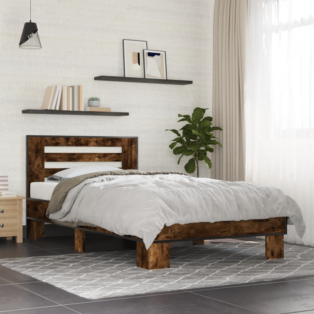 vidaXL Bedframe bewerkt hout en metaal gerookt eikenkleurig 100x200 cm