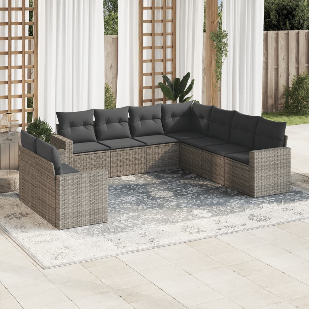 vidaXL 9-delige Loungeset met kussens poly rattan grijs