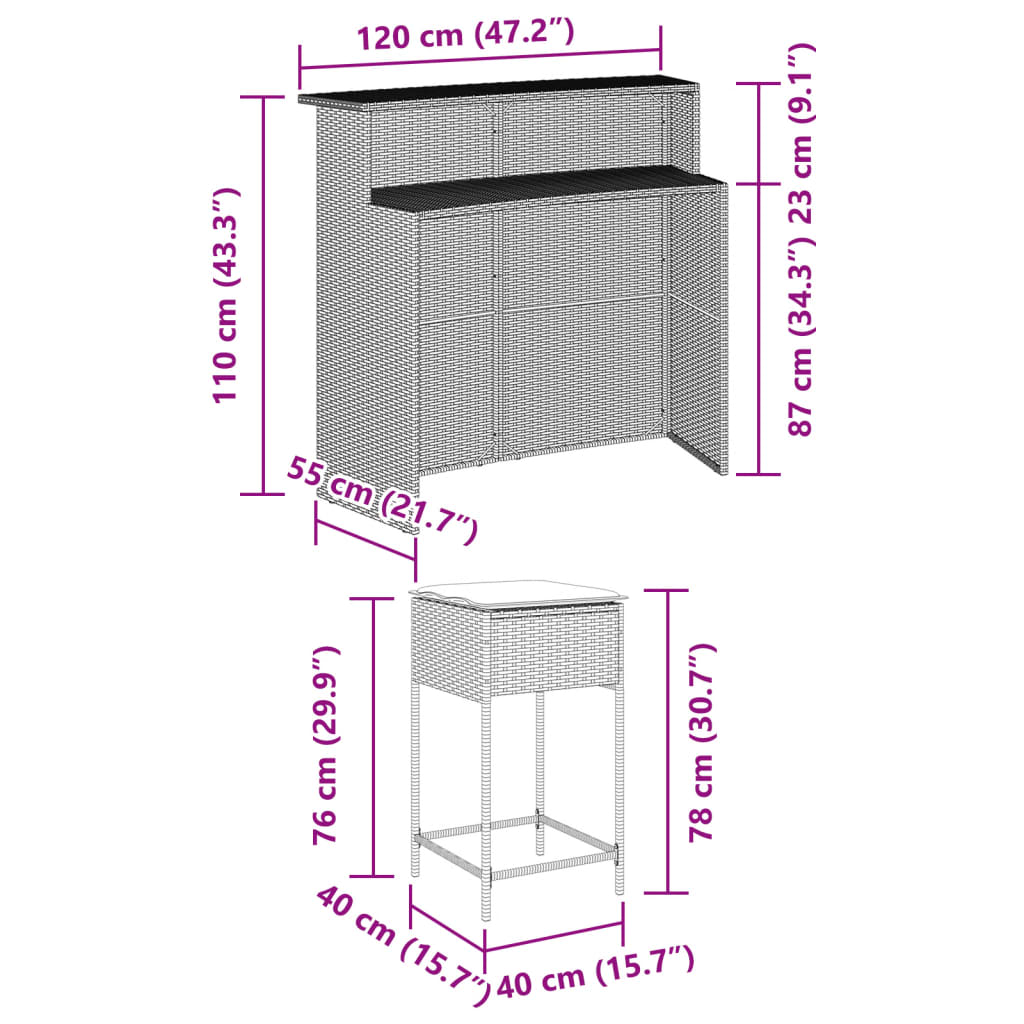 vidaXL 5-delige Tuinbarset met kussens poly rattan grijs