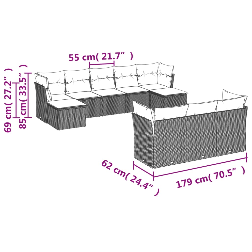 vidaXL 10-delige Loungeset met kussens poly rattan zwart