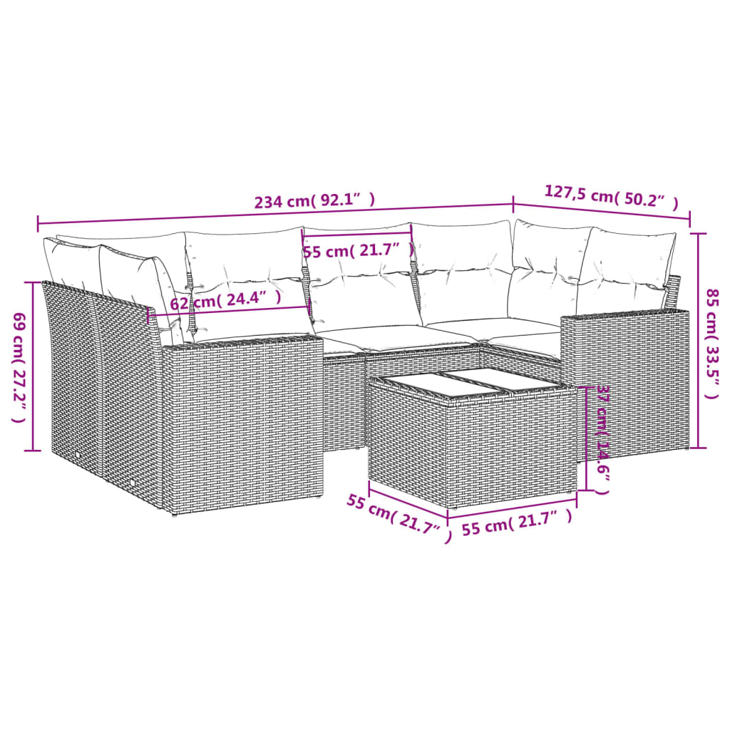 vidaXL 7-delige Loungeset met kussens poly rattan zwart