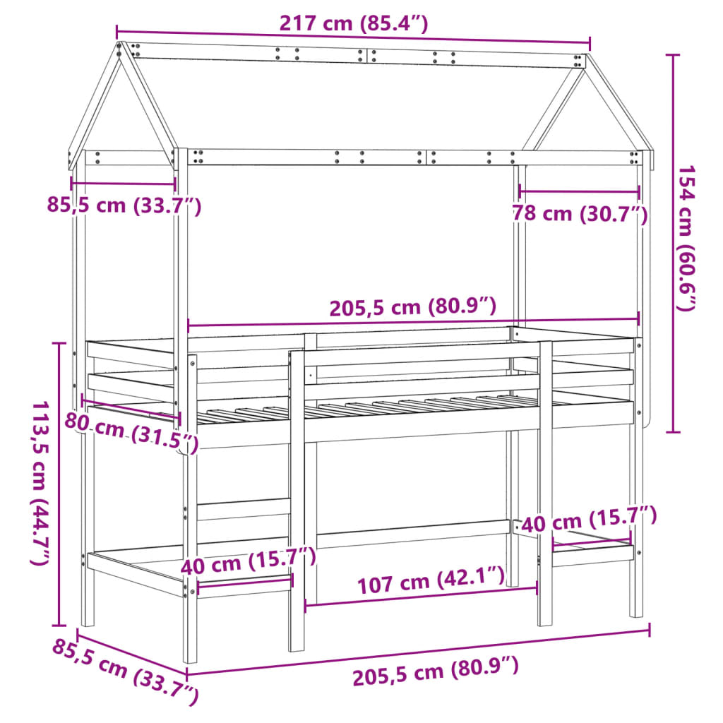 vidaXL Halfhoogslaper met ladder en bedhuis grenenhout wit 80x200 cm