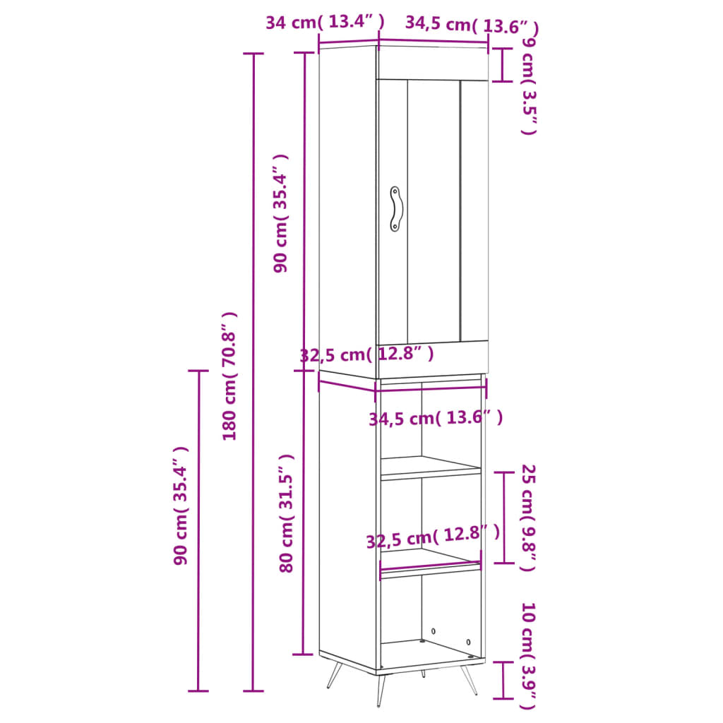 vidaXL Hoge kast 34,5x34x180 cm bewerkt hout zwart