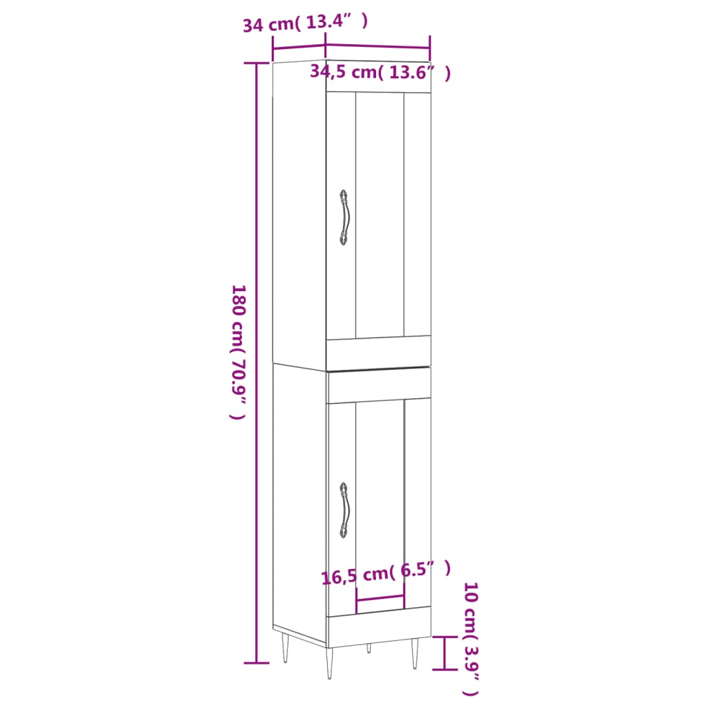 vidaXL Hoge kast 34,5x34x180 cm bewerkt hout grijs sonoma eikenkleurig