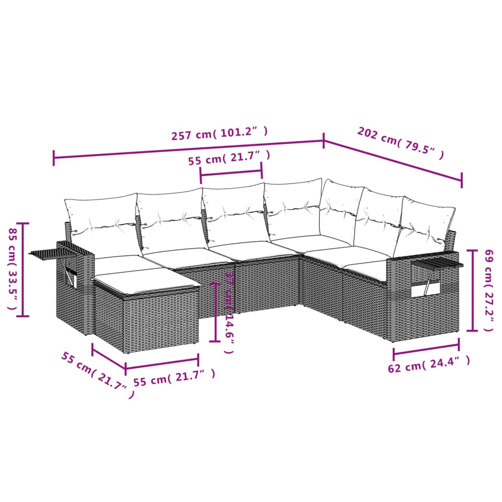 vidaXL 7-delige Loungeset met kussens poly rattan grijs