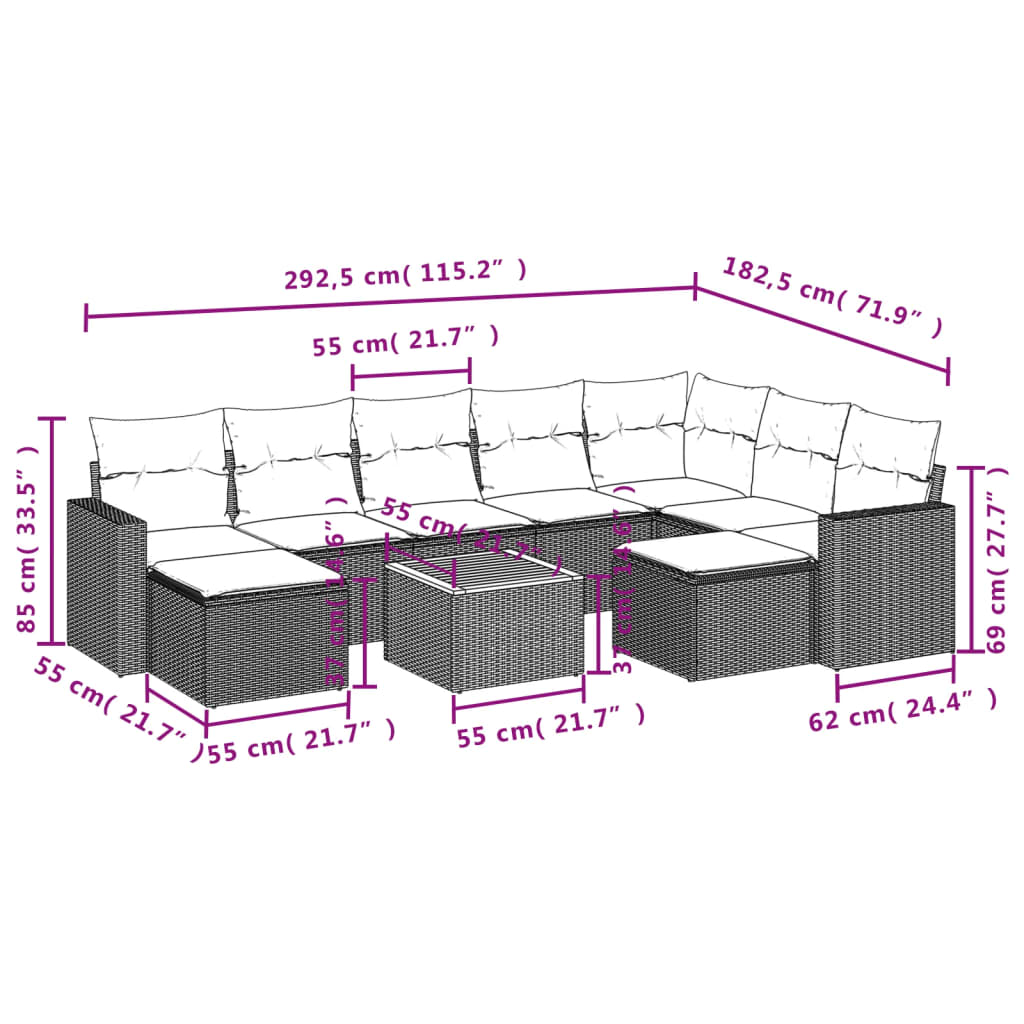 vidaXL 10-delige Loungeset met kussens poly rattan beige