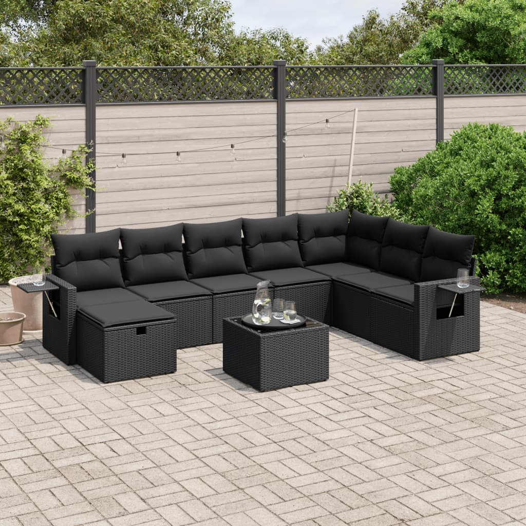 vidaXL 9-delige Loungeset met kussens poly rattan zwart