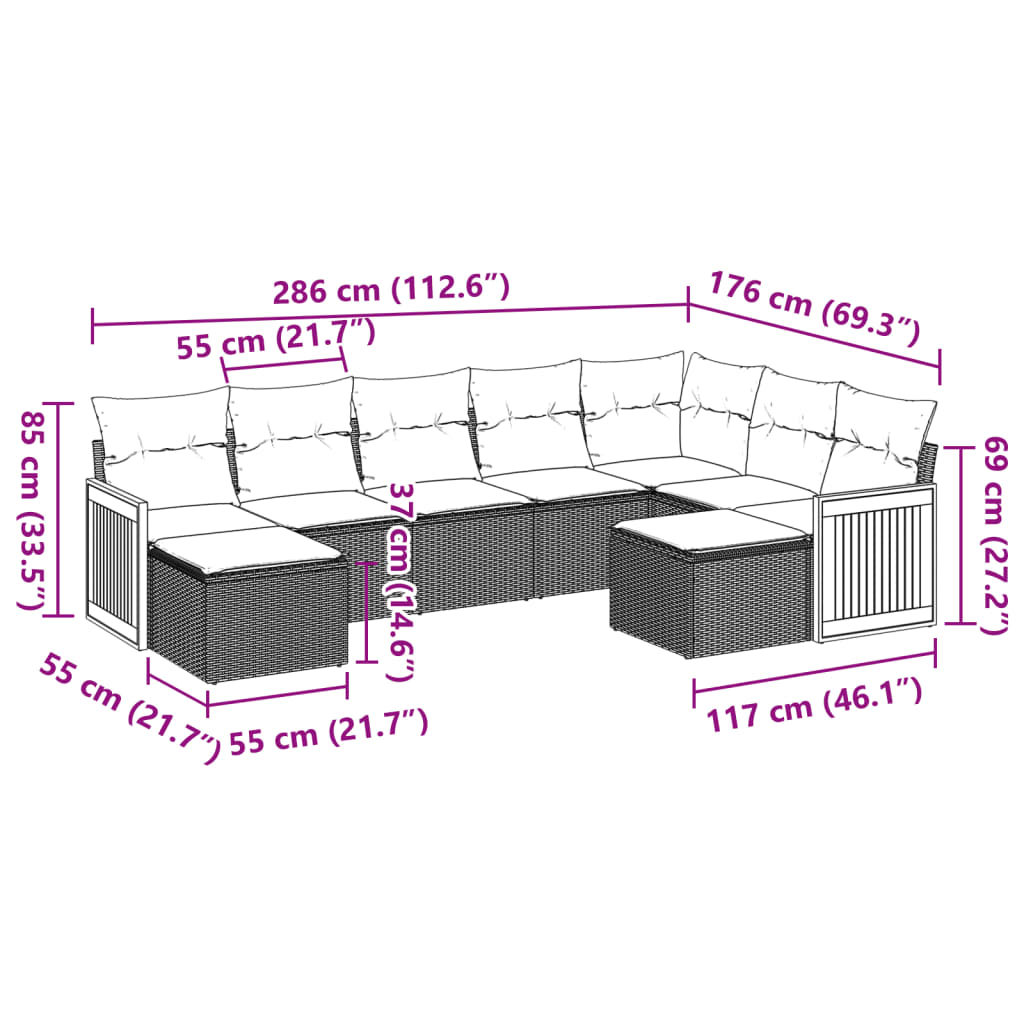 vidaXL 9-delige Loungeset met kussens poly rattan zwart