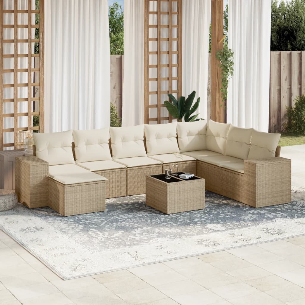 vidaXL 9-delige Loungeset met kussens poly rattan beige