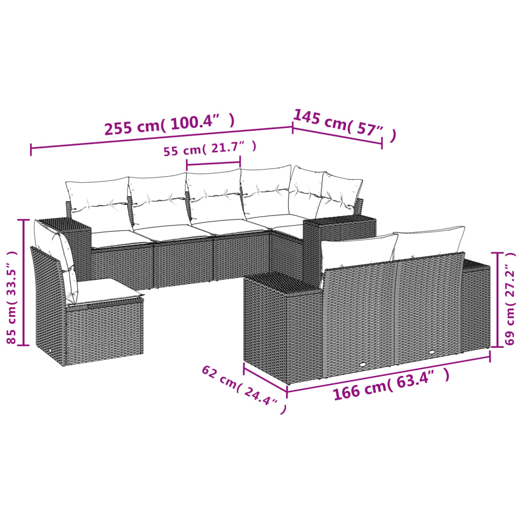 vidaXL 8-delige Loungeset met kussens poly rattan grijs