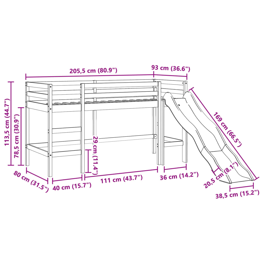 vidaXL Kinderhoogslaper met gordijnen 80x200 cm grenenhout blauw