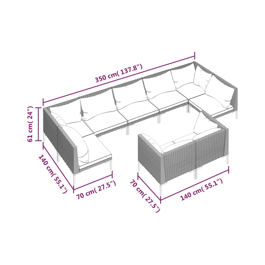 vidaXL 9-delige Loungeset met kussens poly rattan donkergrijs