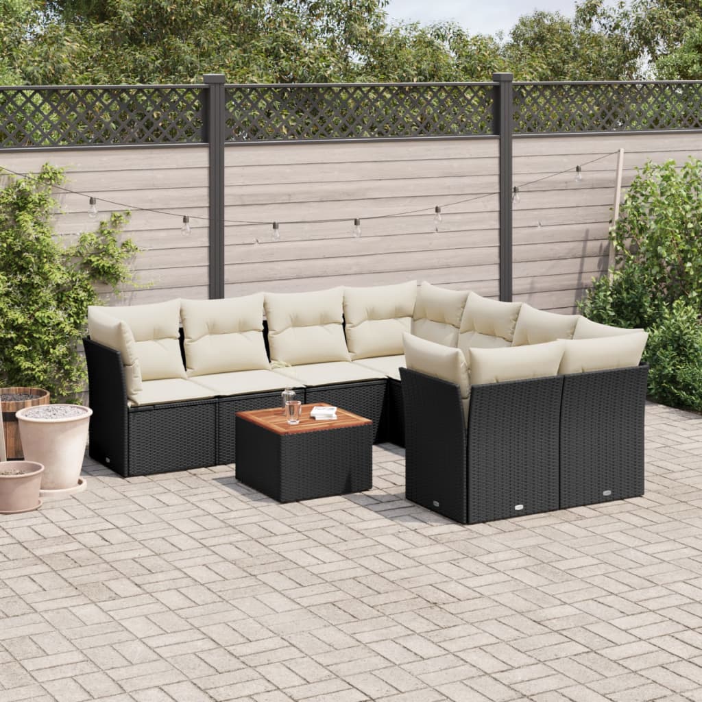 vidaXL 9-delige Loungeset met kussens poly rattan zwart