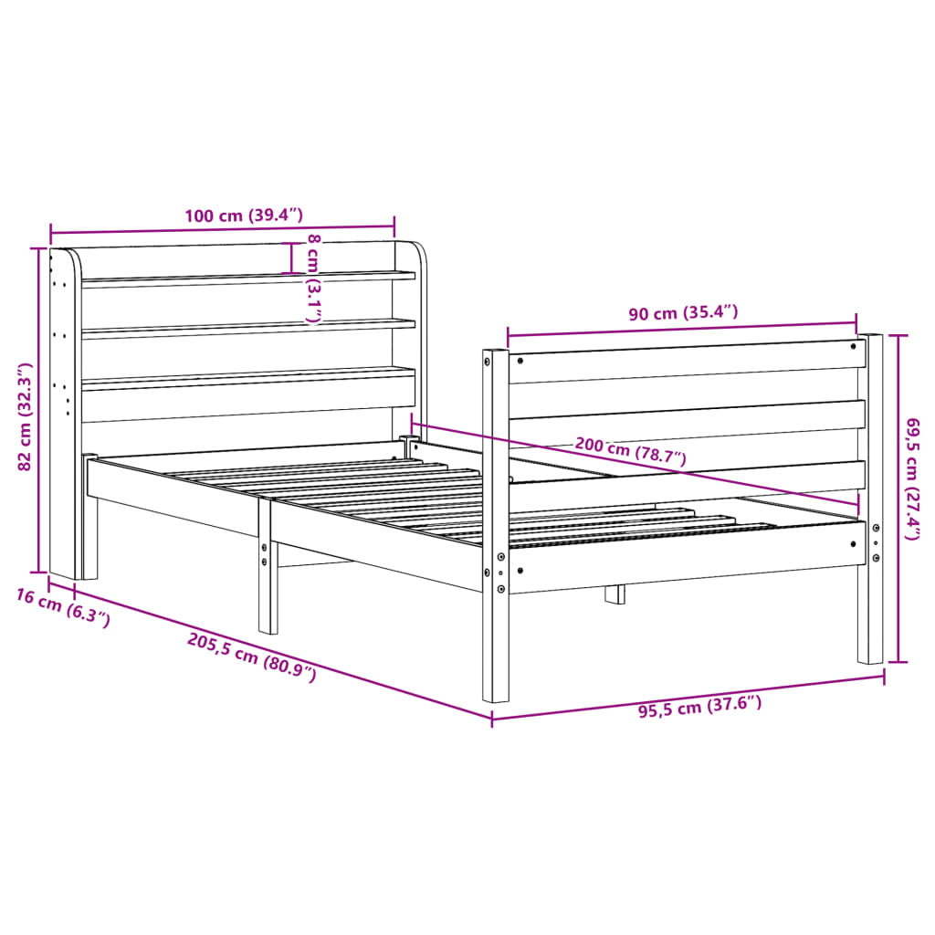 vidaXL Bedframe met hoofdeinde zonder matras 90x200 cm wit