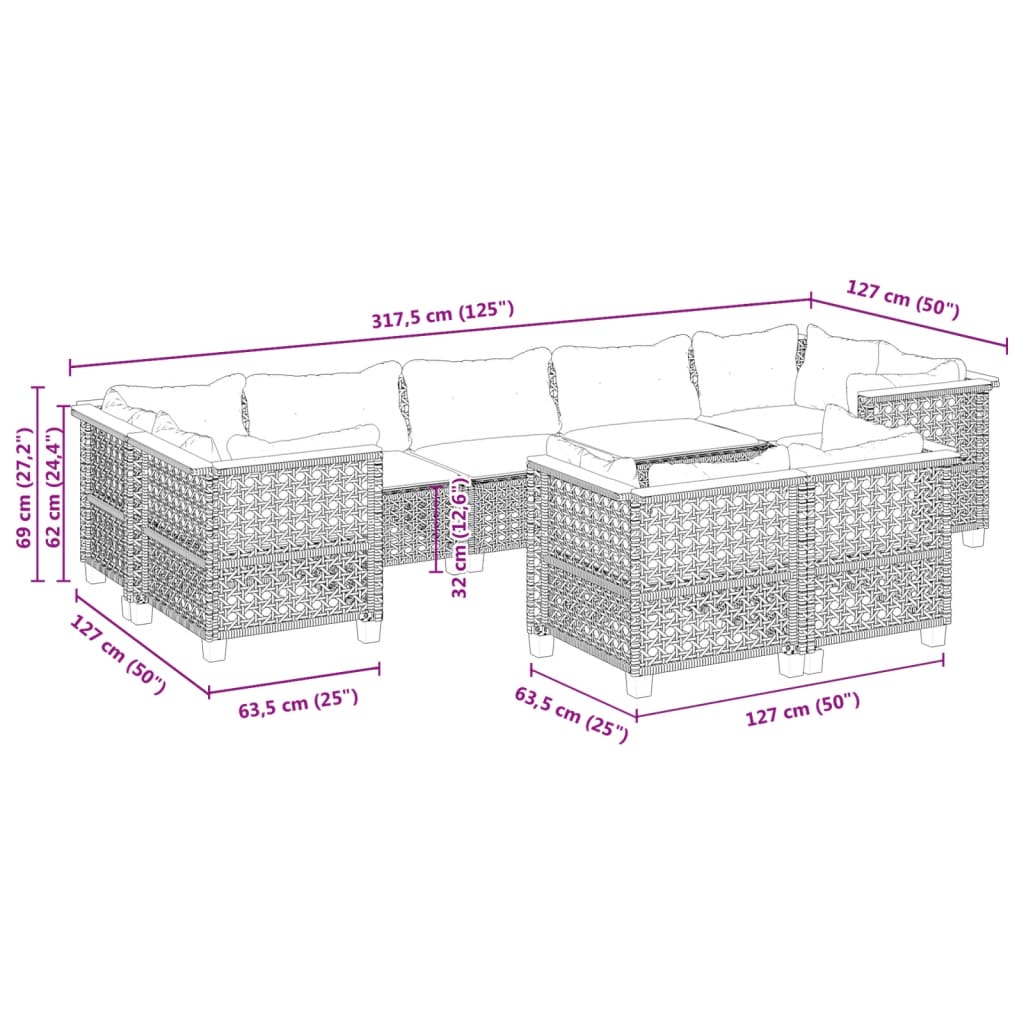 vidaXL 9-delige Loungeset met kussens poly rattan zwart