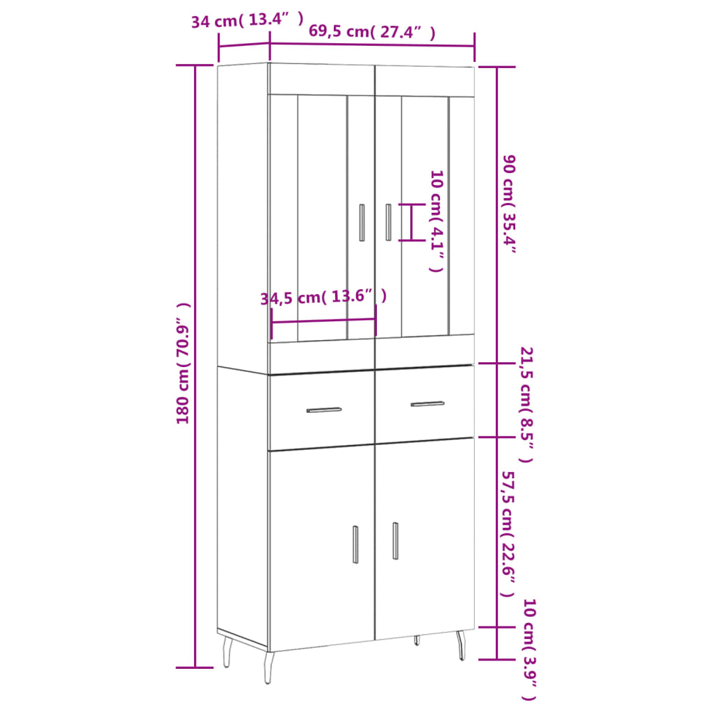 vidaXL Hoge kast 69,5x34x180 cm bewerkt hout gerookt eikenkleurig