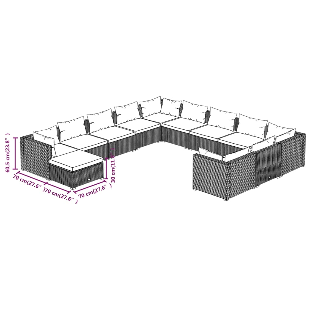 vidaXL 12-delige Loungeset met kussens poly rattan bruin