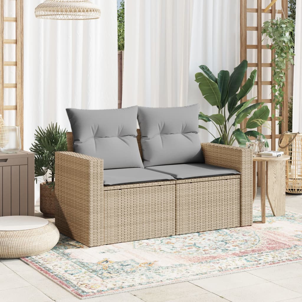 vidaXL Tuinbank 2-zits met kussens poly rattan beige