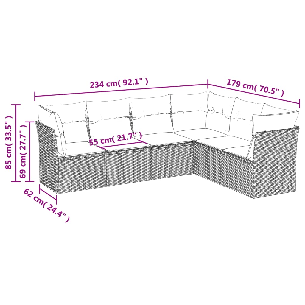 vidaXL 6-delige Loungeset met kussens poly rattan beige