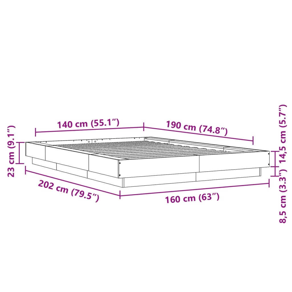 vidaXL Bedframe bewerkt hout grijs sonoma eikenkleurig 140x190 cm