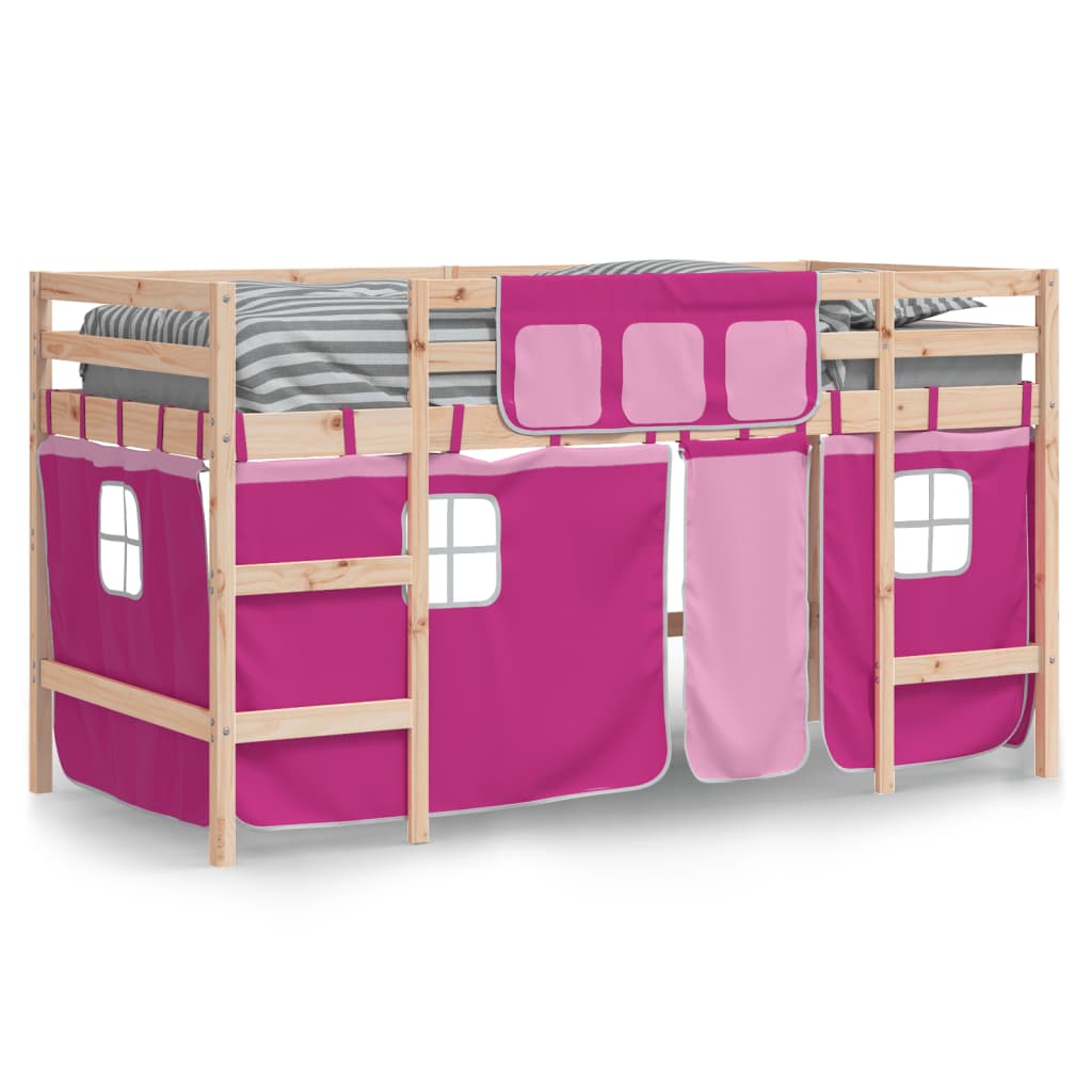 vidaXL Kinderhoogslaper met gordijnen 90x200 cm grenenhout roze