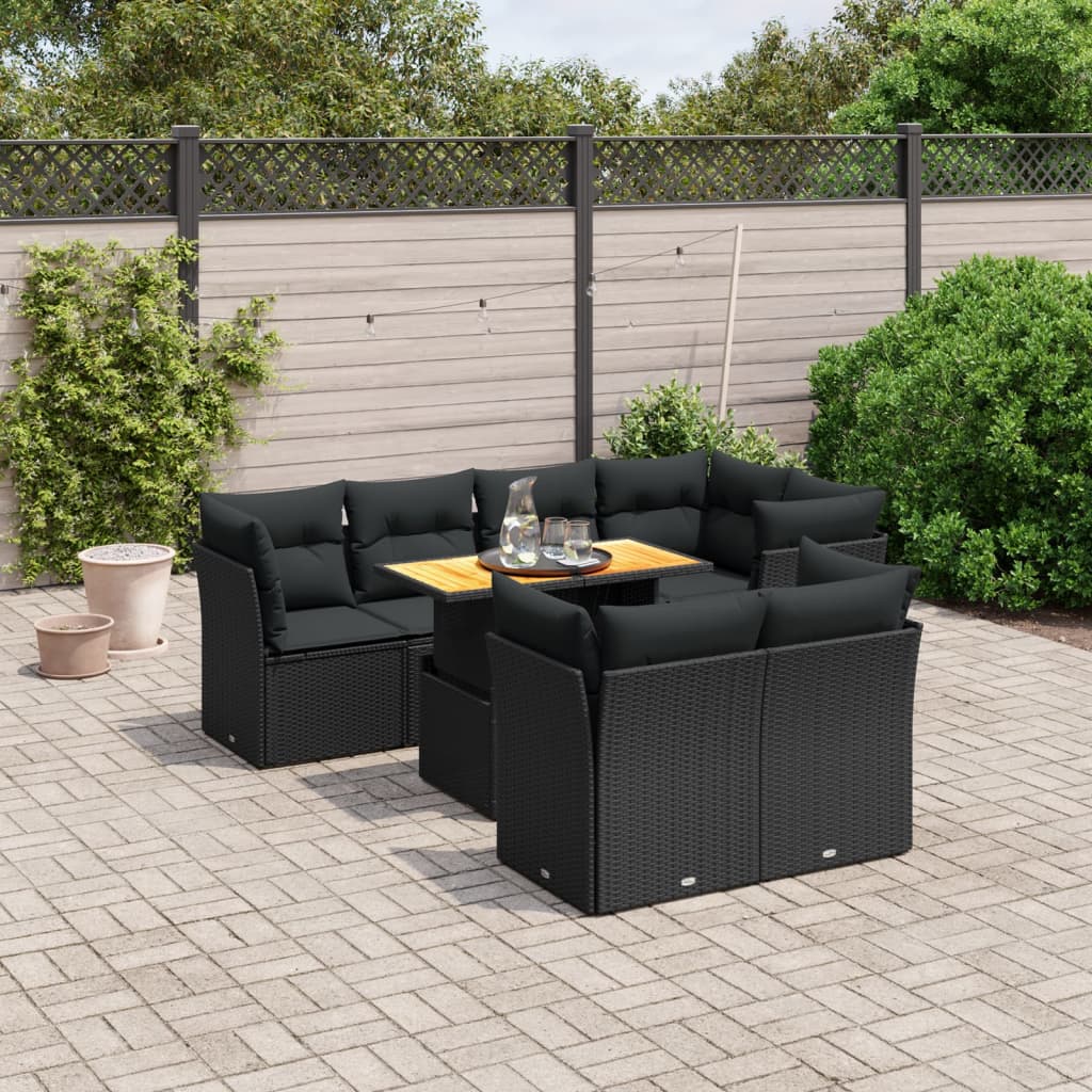 vidaXL 8-delige Loungeset met kussens poly rattan zwart