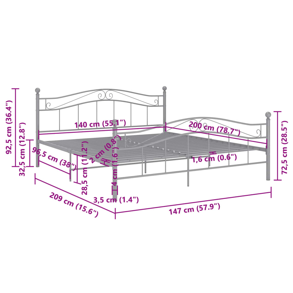 vidaXL Bedframe metaal grijs 140x200 cm