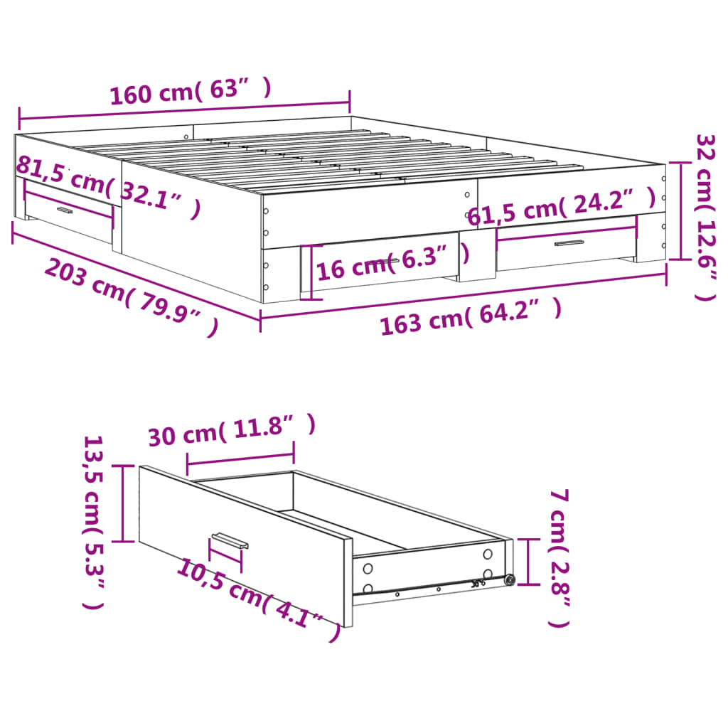 vidaXL Bedframe met lades bewerkt hout bruin eikenkleur 160x200 cm