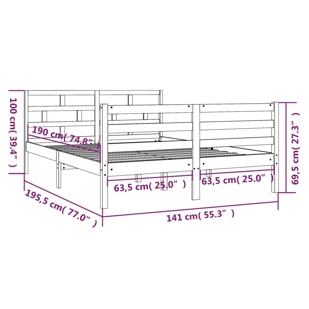 vidaXL Bedframe massief hout wit 135x190 cm