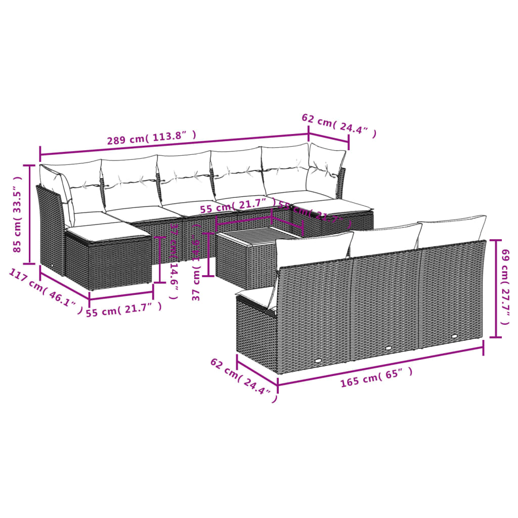 vidaXL 11-delige Loungeset met kussens poly rattan grijs