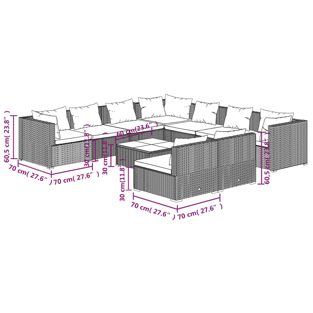 vidaXL 10-delige Loungeset met kussens poly rattan zwart