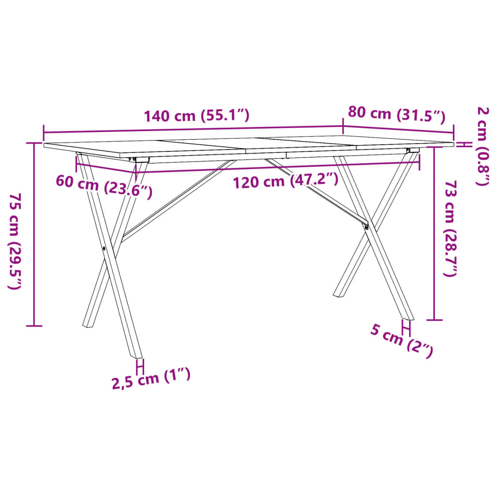 vidaXL Eettafel X-frame 140x80x75 cm massief grenenhout en gietijzer