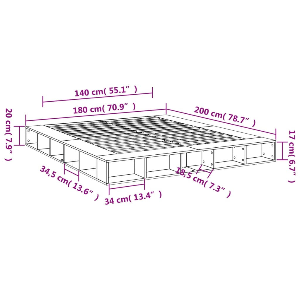 vidaXL Bedframe bewerkt hout betongrijs 180x200 cm