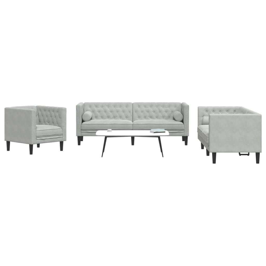 vidaXL 3-delige Loungeset Chesterfield met bolsters fluweel lichtgrijs