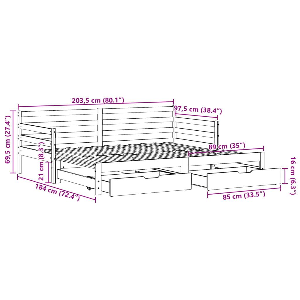 vidaXL Slaapbank met onderschuifbed/lades zonder matras 90x200 cm wit